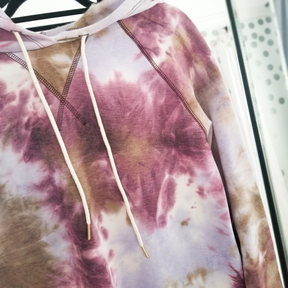 Fall Pullover Tie Dye Hoodie Tops Purple Taupe Comfy Tops - Picture 8 of 9